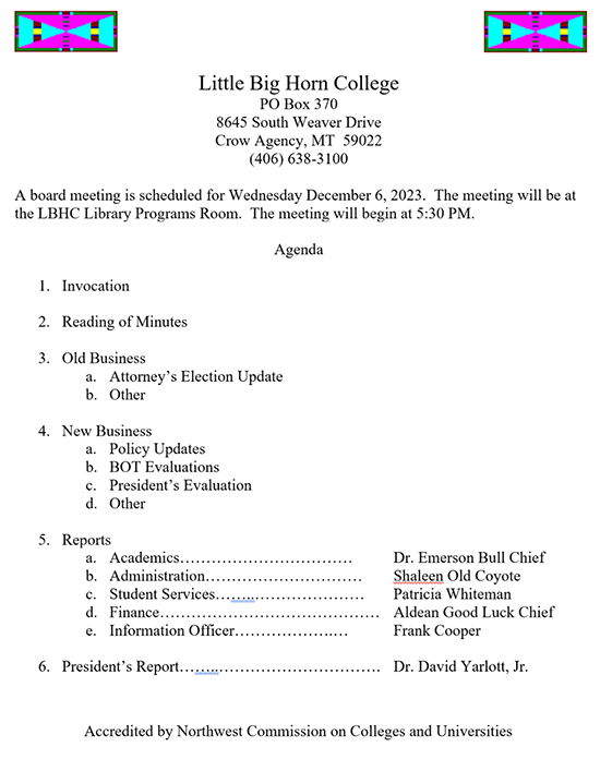 LBHC Board of Trustee's Meeting Announcement December 06, 2023